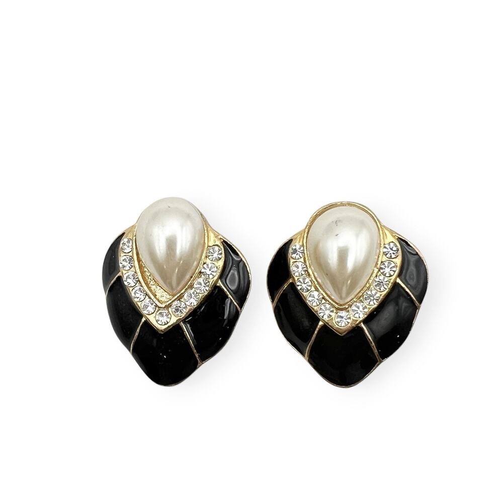Vintage Earrings Art Deco Cabochon Rhinestones Retro Glam Black Enamel Clip On